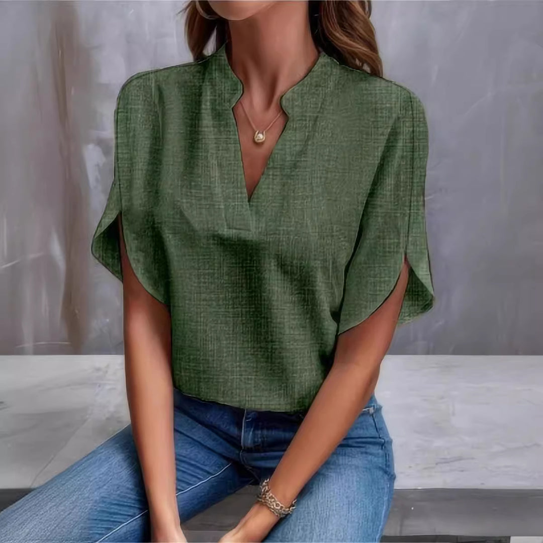 Dame elegant kortærmet bluse med smart ståkrave og luftig snit Stilla