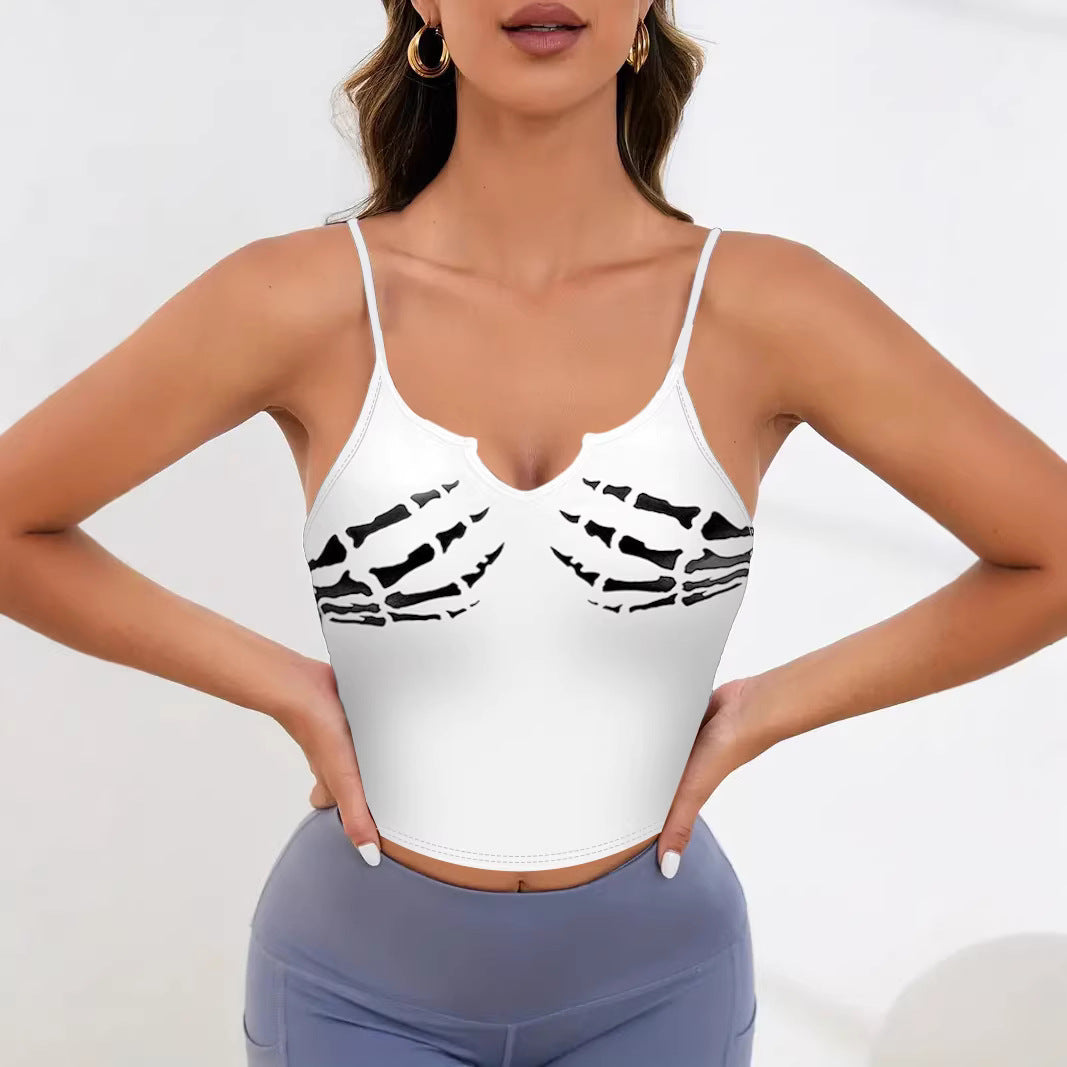 Damer sporty crop-top med kreativt skeletdesign Skovae