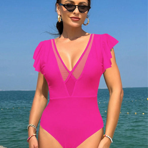 Dame one-piece badedragt med elegante flæser og dyb V-udskæring Skovae