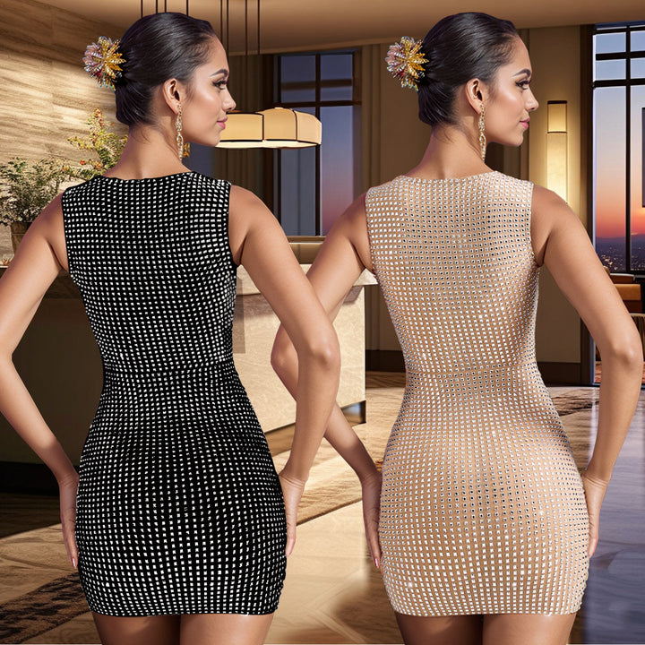 Damer Smart Bodycon Minikjole med kvadratisk U-hals og fine Rhinestone-detaljer Stilla