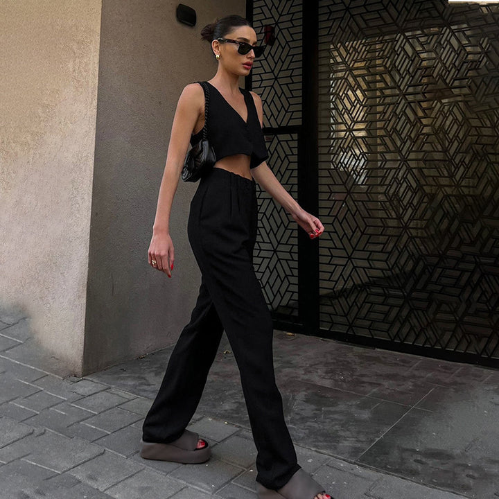 Dame afslappet Crop-Top og høj talje bukser sæt med elegante knapdetaljer Stilla