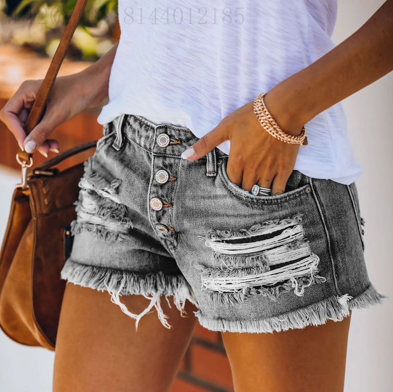 Dame afslappede Destroyed Denim Shorts med knapdetaljer og frynset kant Skovae