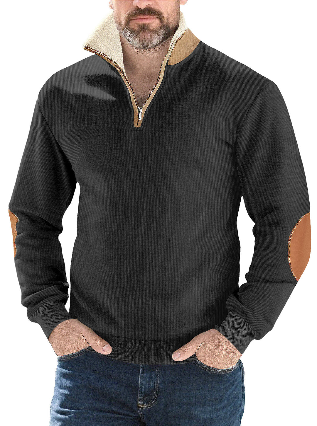 Herrer nan Strukturstrik-halv-zip-pullover med varmende Sherpa-krave og velour-ellenbog-applikation Skovae