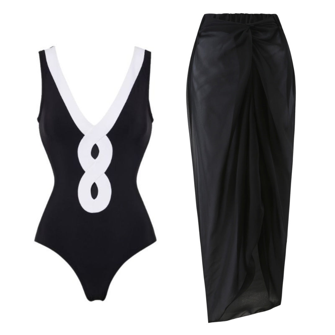 Damer elegant V-udskæring bikini med stilfuld omslagsskørt Skovae