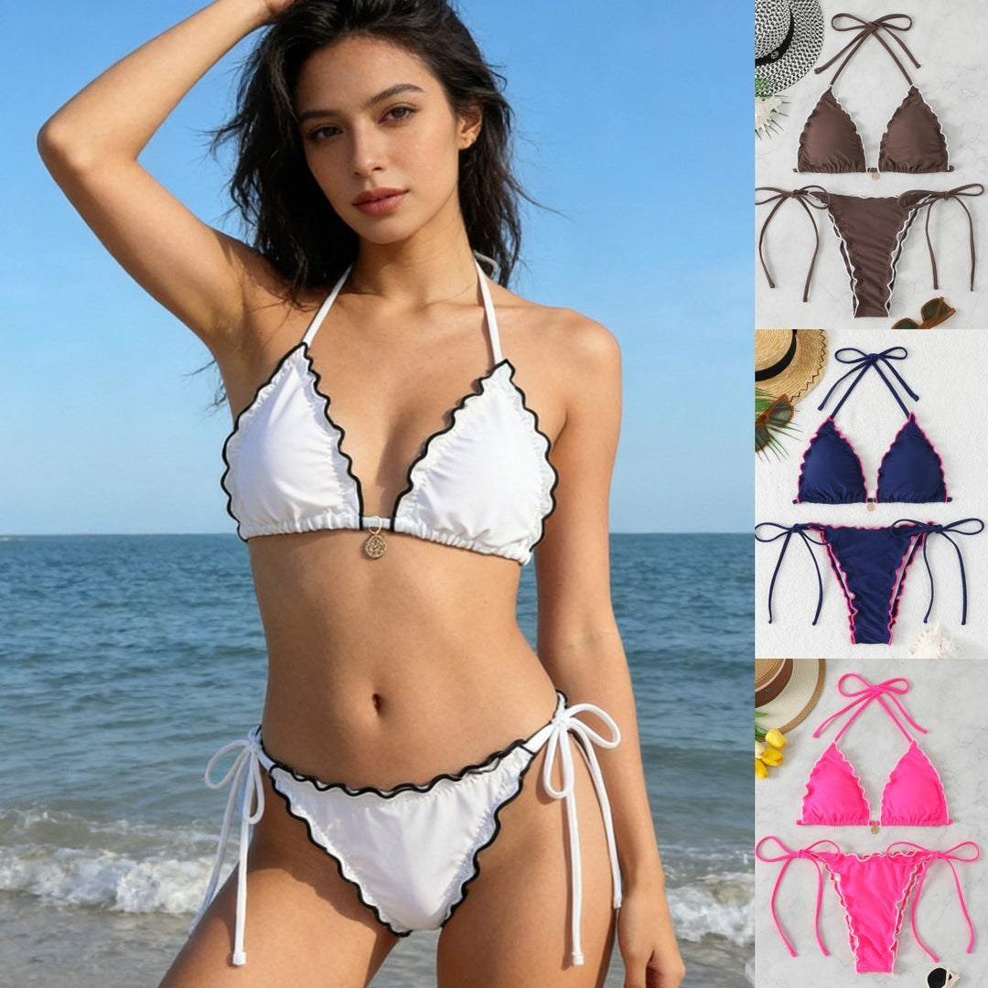 Dame triangel bikini sæt med legende flæsedetalje Skovae