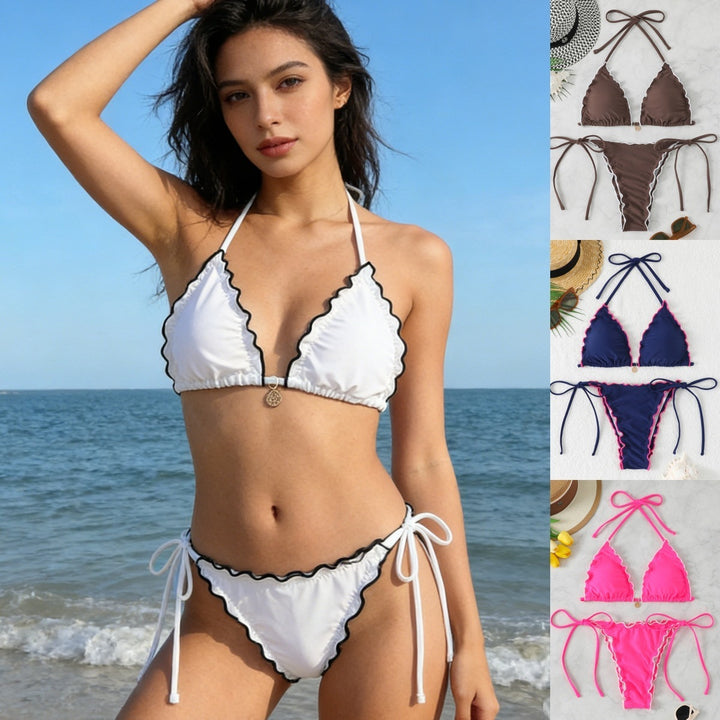 Dame triangel bikini sæt med legende flæsedetalje Skovae
