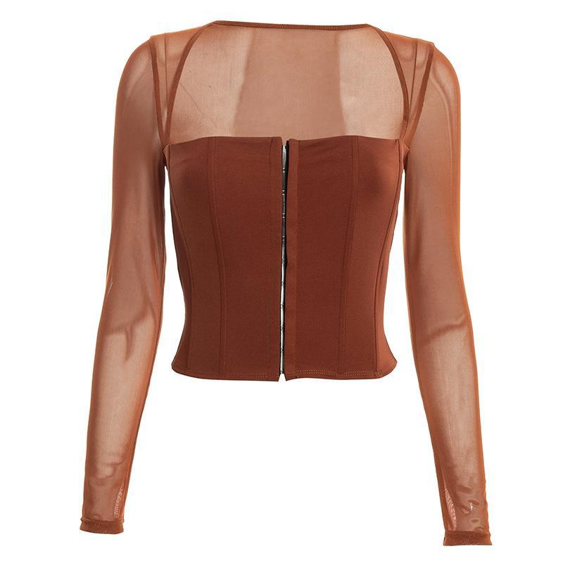 Dame Cropped Top med gennemsigtige ærmer og struktureret snit Skovae