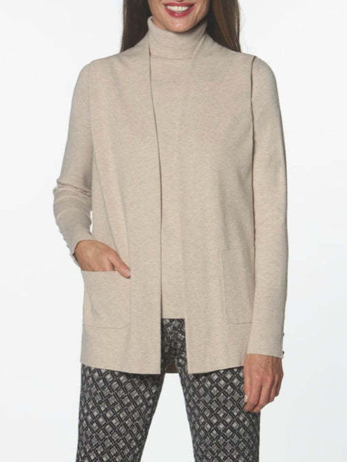 Dame strikjakke med elegant cashmere-look og dyb krave Stilla