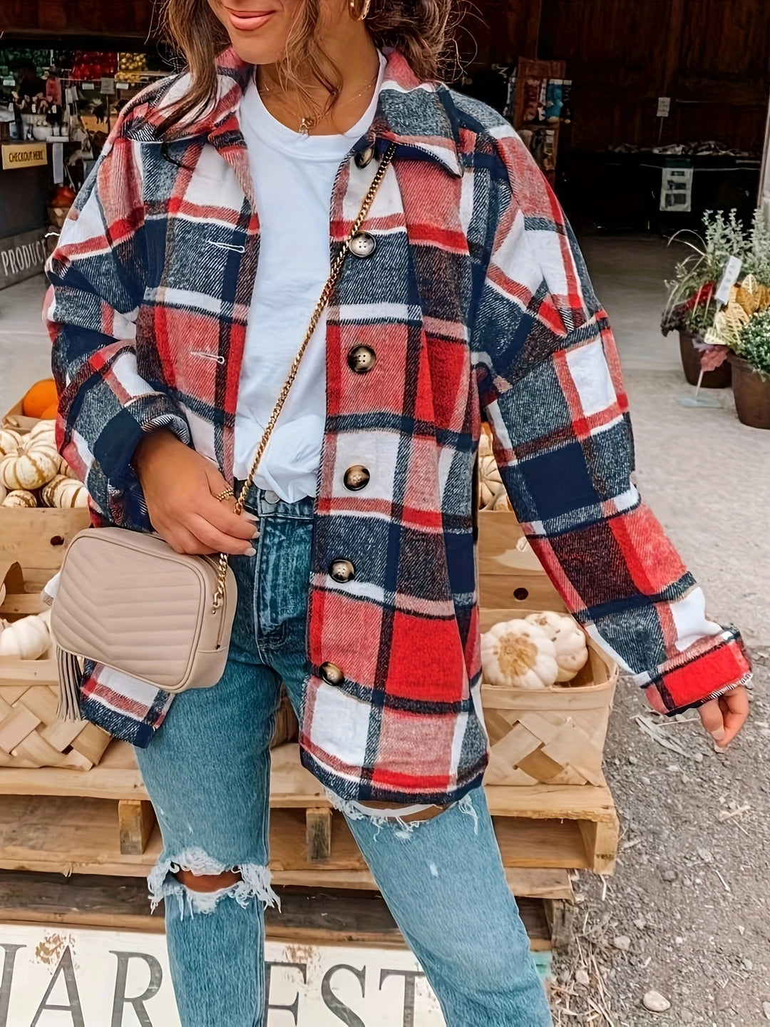 Dame Tjekket Flanneljakke med Knapdetaljer og Casual Snit Stilla