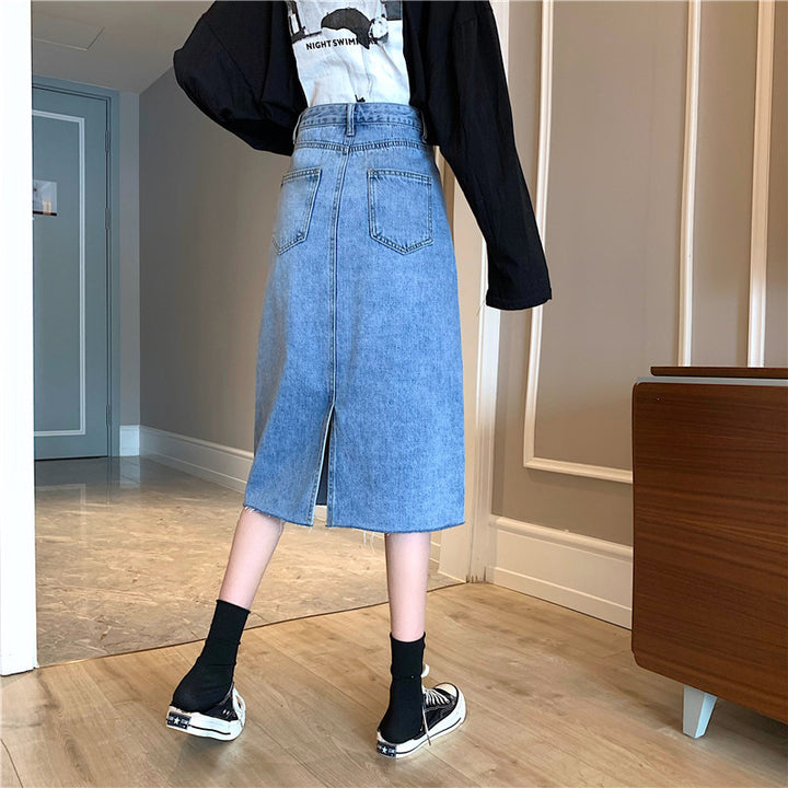 Dame Midi Denim Nederdel med Uregelmæssig Kant Stilla