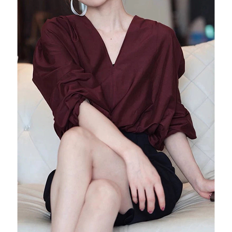 Dame elegant bluse med brede ærmer og V-udskæring Stilla