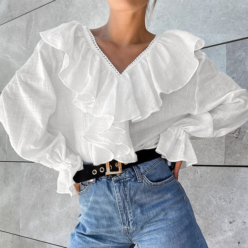 Dame rynket bluse med voluminøse ærmer og elegant afslutning Stilla