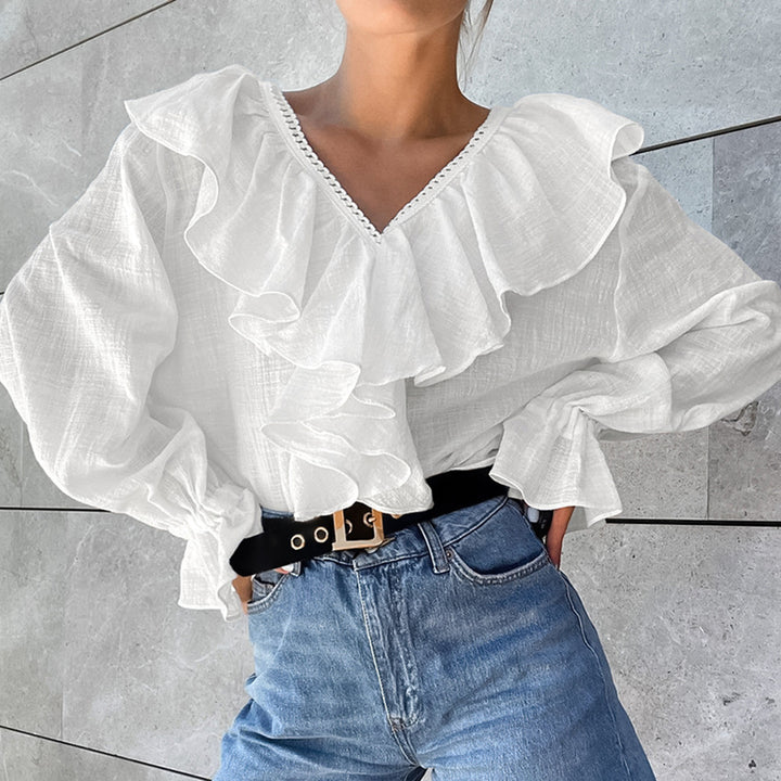 Dame rynket bluse med voluminøse ærmer og elegant afslutning Stilla