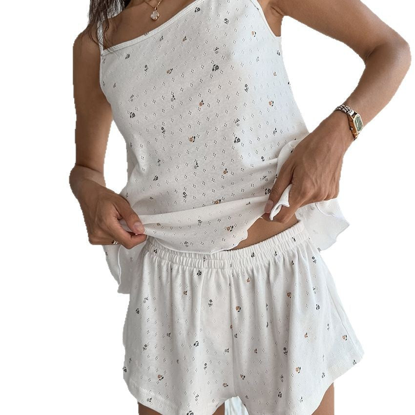 Dame sove shorts sæt med delikate blomster mønstre og elastisk talje Stilla