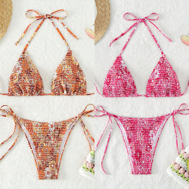 Dame triangle-bikini med florale ruffles detaljer og justerbare stropper Skovae