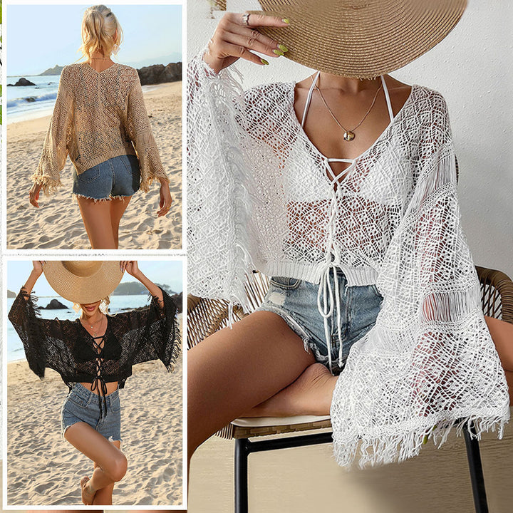 Dame hæklede strandkimono med elegant frynseudsmykning Skovae