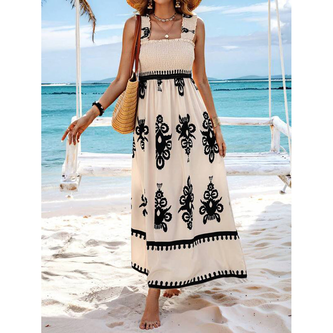 Dame maxikjole med off-shoulder design og folkestil mønstre Stilla