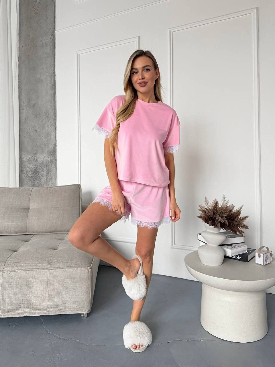 Kvinders Pyjamasæt med Blonderdetaljer
