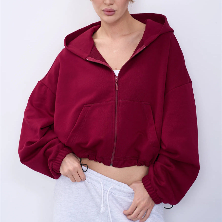 Kvinder Cropped Hoodie Jakke med Lynlås og Oversized Ærmer Skovae