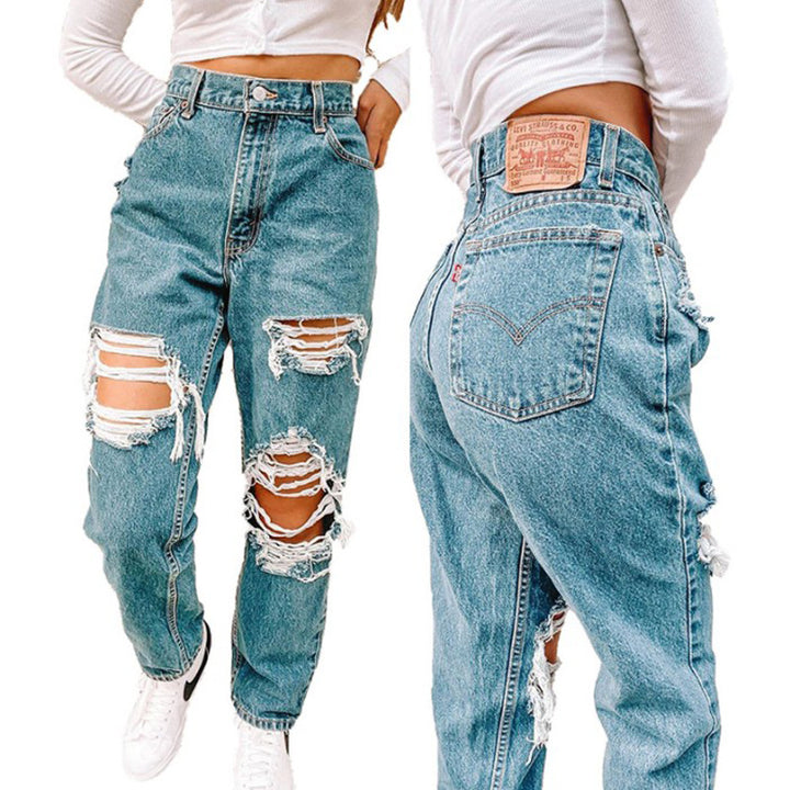 Dame Vintage Høj Talje Destroyed Jeans med frynset Detaljer Skovae