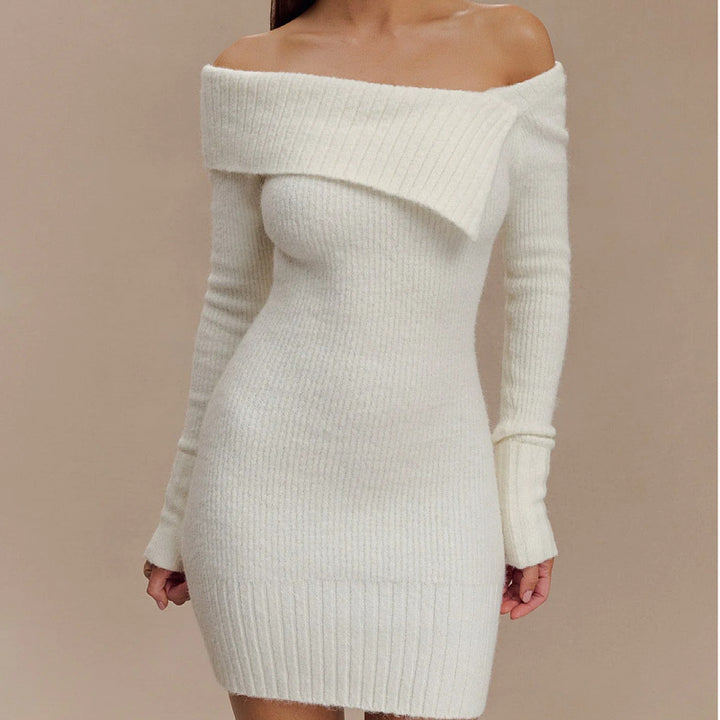 Dame Off-Shoulder Strikkjole med Ripstruktur og Lang Arm Stilla