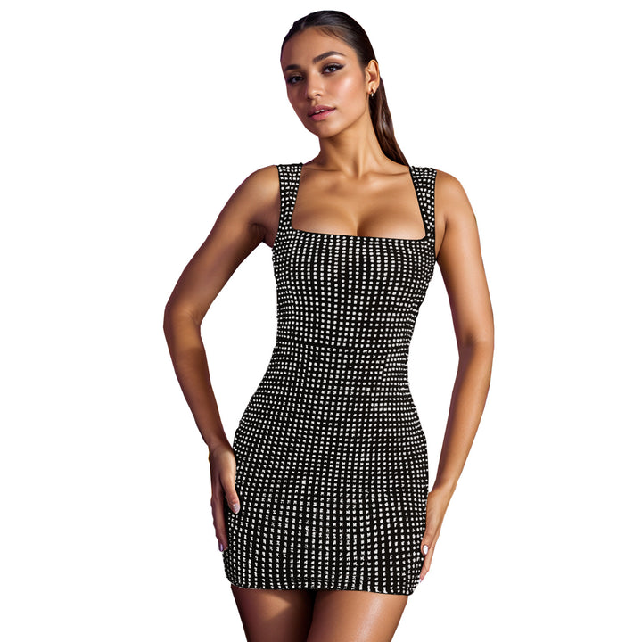 Damer Smart Bodycon Minikjole med kvadratisk U-hals og fine Rhinestone-detaljer Stilla