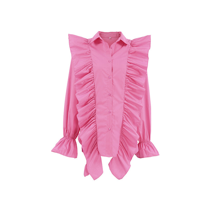 Damebluse med flæsedetaljer og asymmetrisk snit Stilla