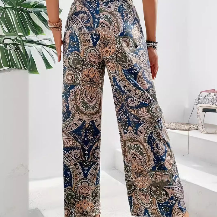 Dame Bred Palazzo-Bukser i flydende materiale med moderne Paisley-mønster Stilla