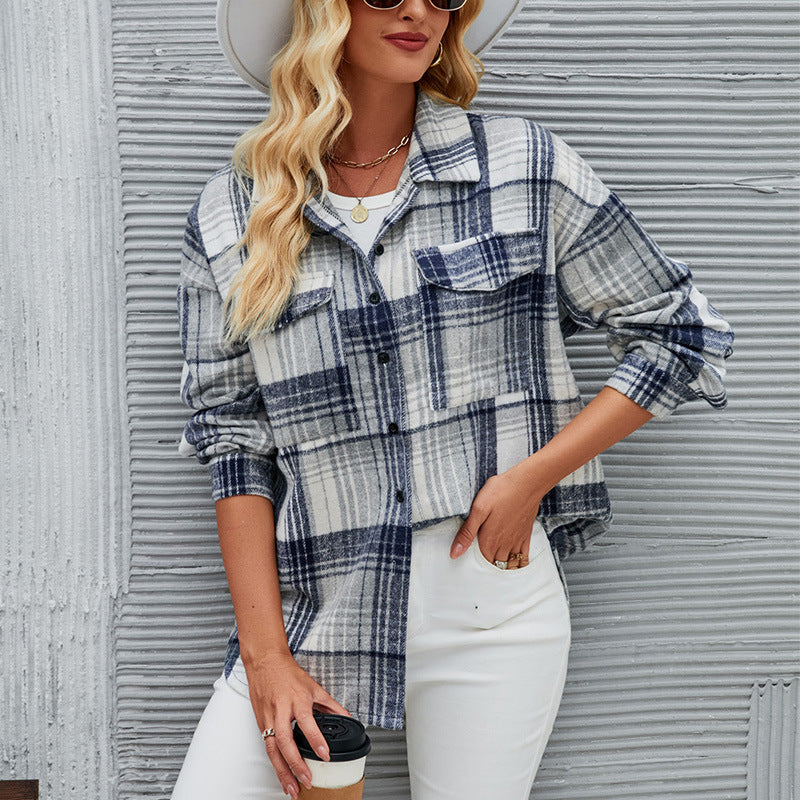 Dame Casual Flannel Skjorte Jakke med Ternet Design og Praktiske Brystlommer Skovae