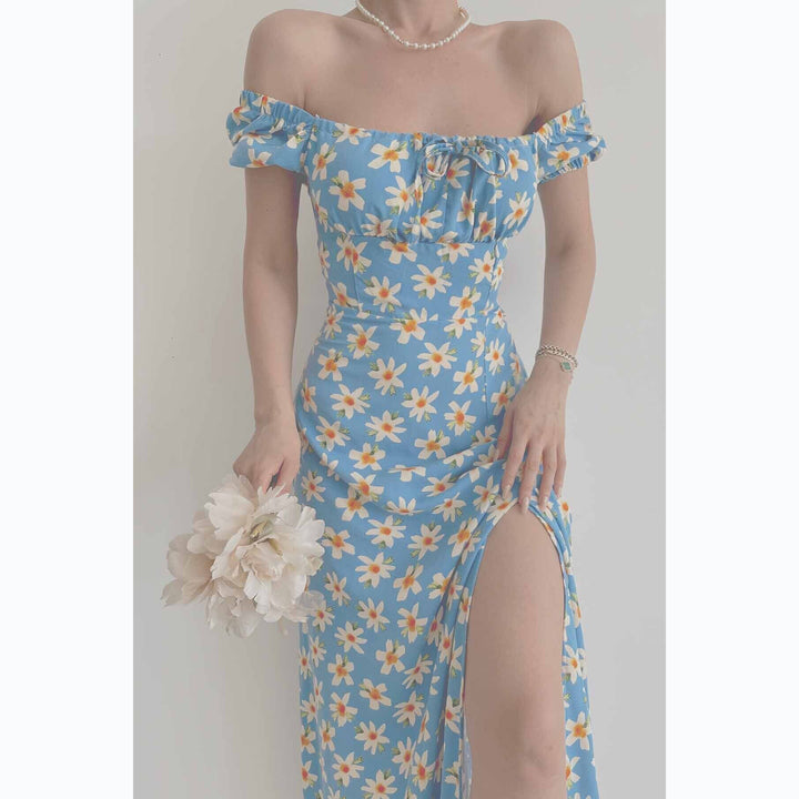 Women's Off-Shoulder Maxi Dress with Floral Design and Elegant Slit Skovae