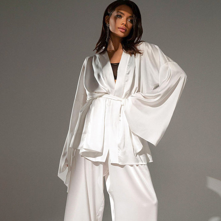 Dame satin kimono-style morgenkåbe og bukse sæt Stilla
