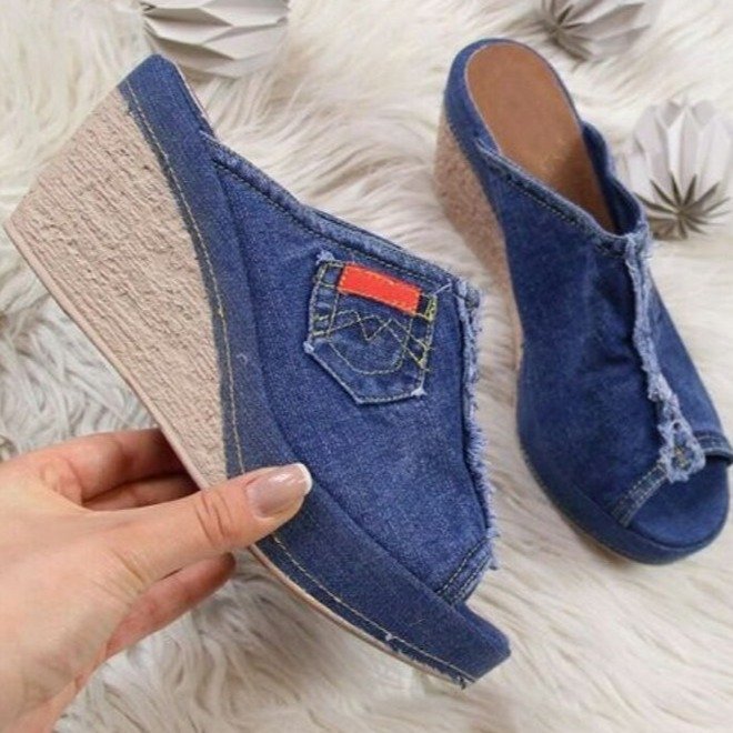 Dame Wedge-Pantoletten i jeanslignende materiale med dekorative lommer Stilla