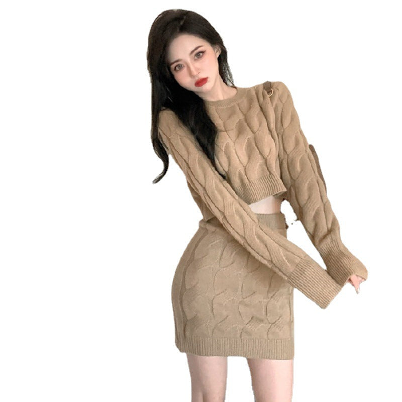 Femme Textured Knit Crop Sweater og Mini Skirt Sæt Stilla