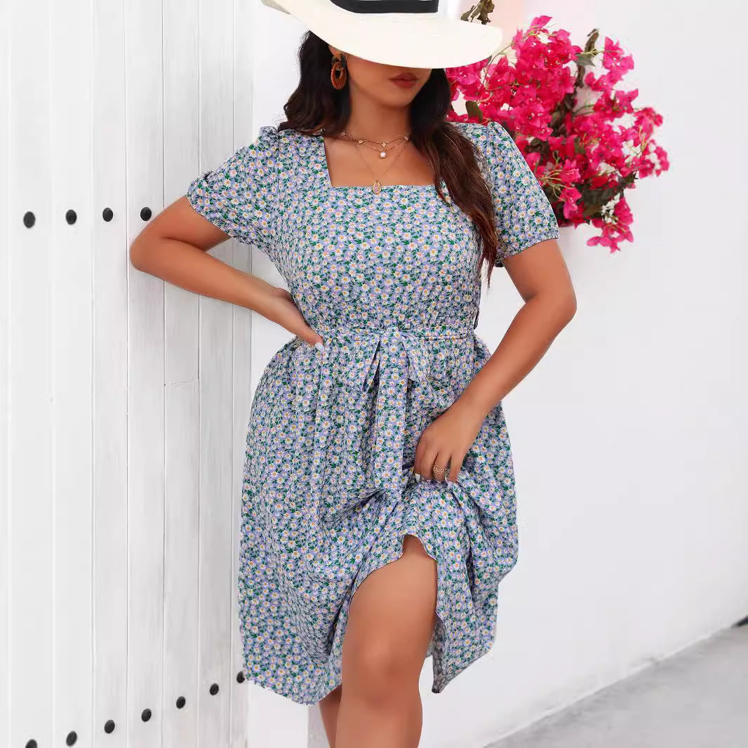 Dame Midi Kjole med blomsterprint og puffærmer Skovae