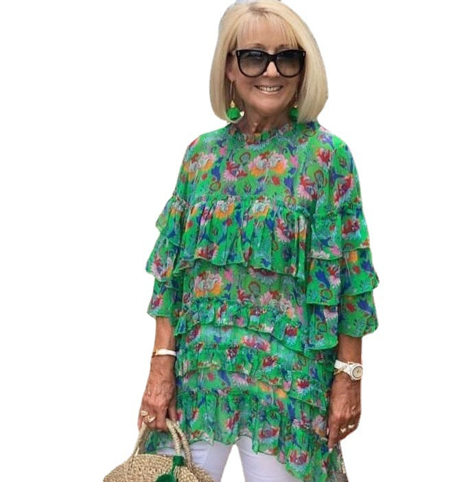Dame Tunika-bluse med lagdelte flæsedetaljer Stilla