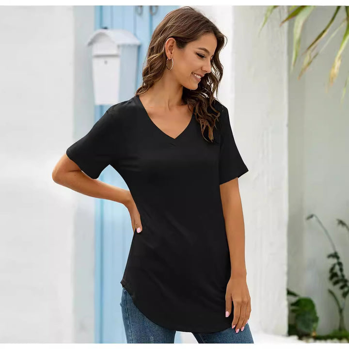 Dame V-hals T-shirt med asymmetrisk kant Stilla