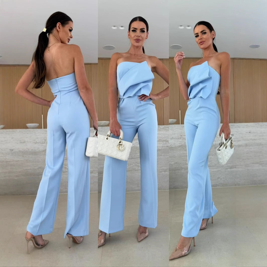 Dame elegant jumpsuit med asymmetrisk overdel og bred ben Stilla