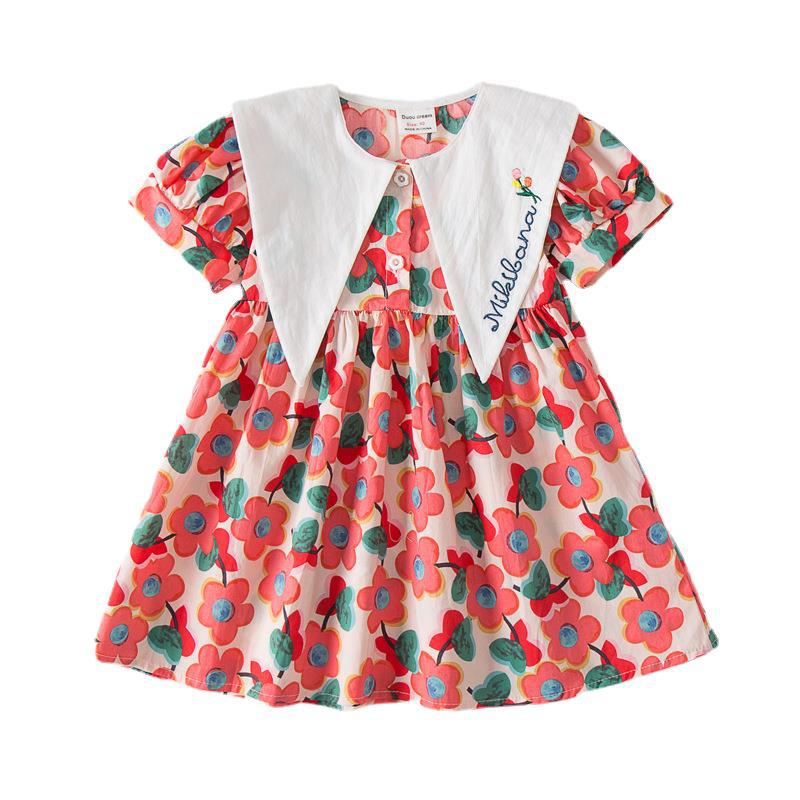 Pige Korte Ærmer Floral Print Kjole med Kontrastkrave Stilla