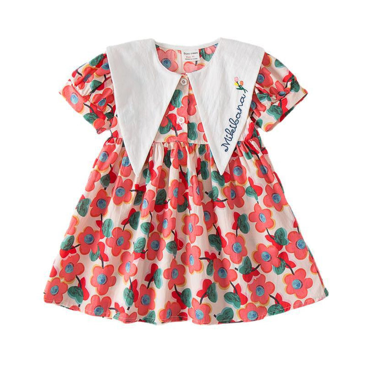 Pige Korte Ærmer Floral Print Kjole med Kontrastkrave Stilla