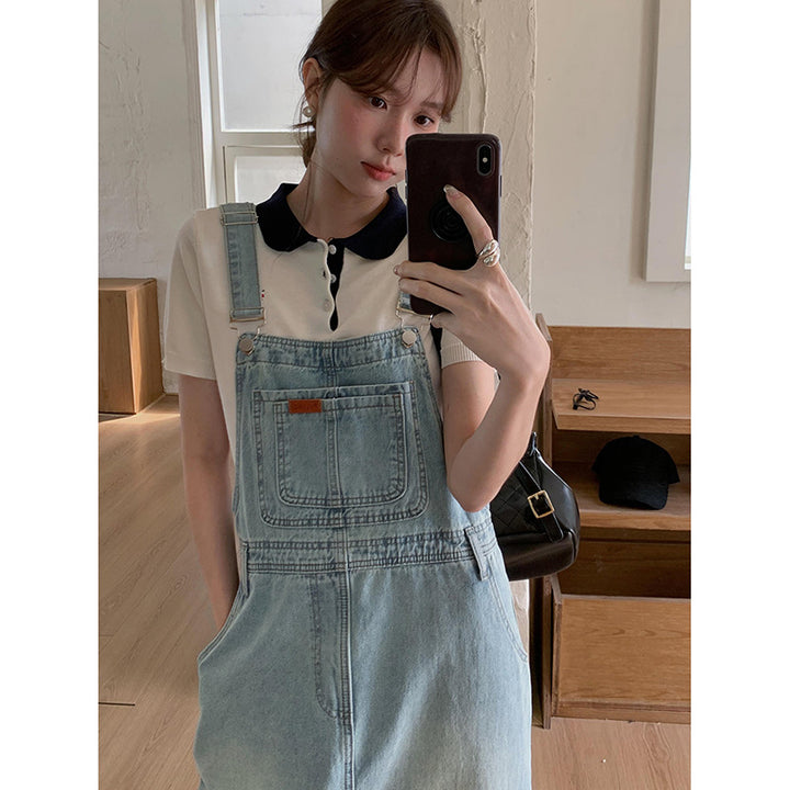 Dame bæltekjole i afslappet denim-stil med store lommer og justerbare stropper Stilla