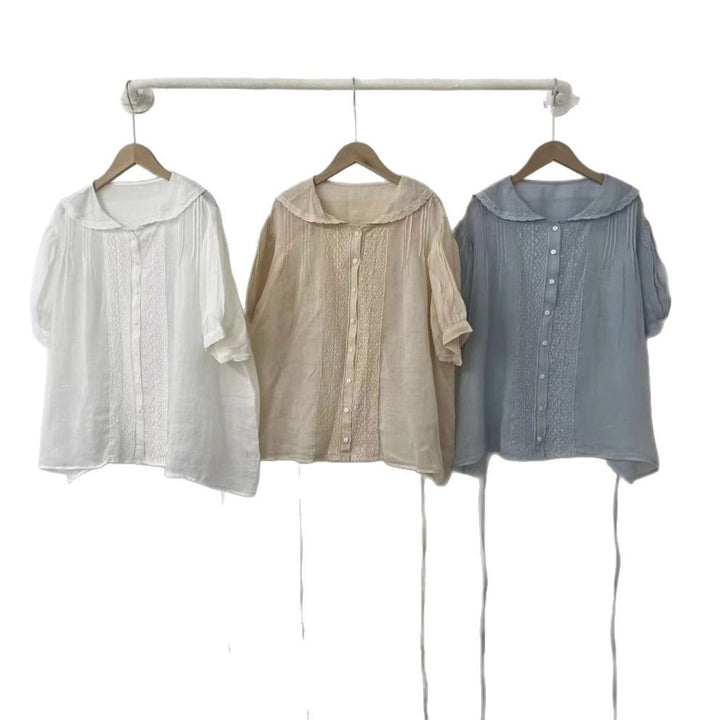 Dame Button-Up Bluse med spidsekrave og justerbart bånd Stilla