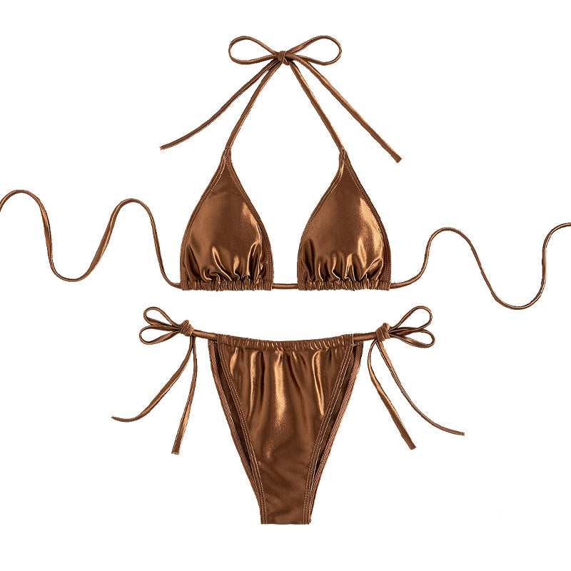 Dame trianglet bikini med høj kvalitets glansmateriale og justerbare sidelænkebånd Skovae
