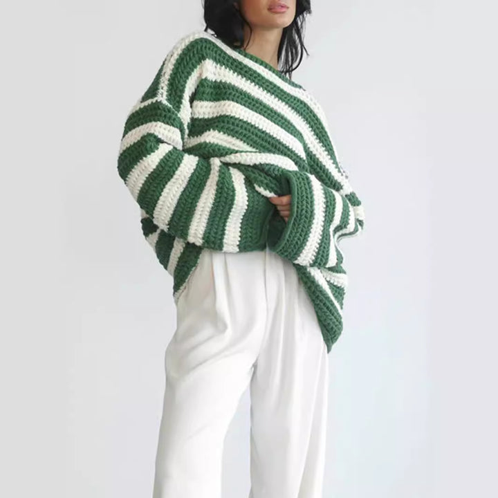 Kvinders afslappede chunky strikket sweater med moderne stribet mønster Stilla