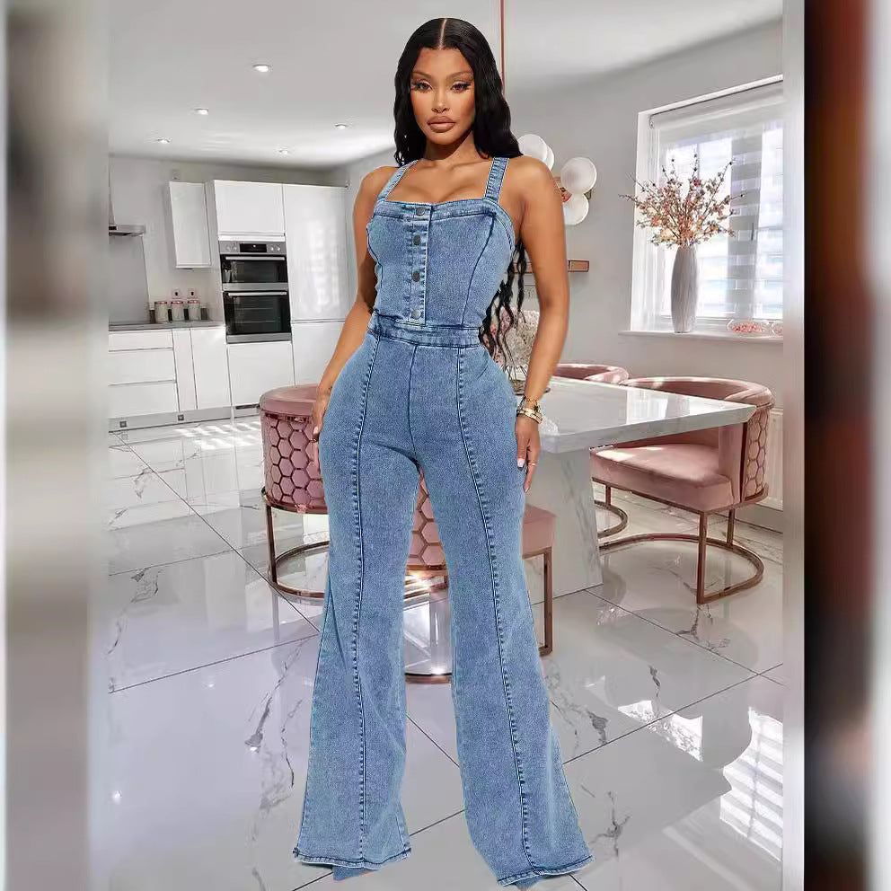 Dame Denim-Overalls med figursyet pasform og afslappede klapben Stilla