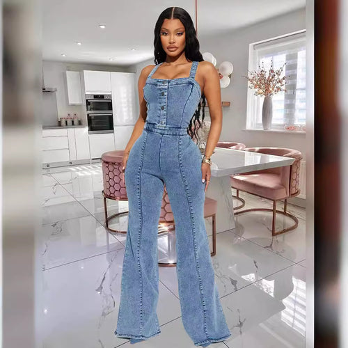 Dame Denim-Overalls med figursyet pasform og afslappede klapben Stilla
