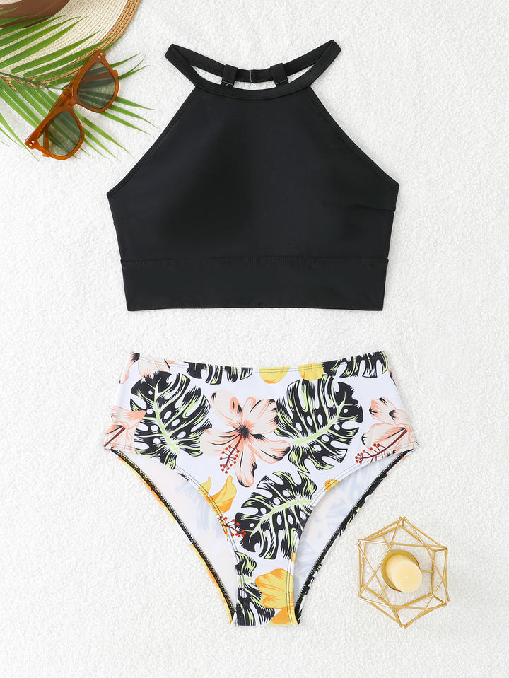 Dame Sporty Bikini-sæt med højfarvet top og blomsterområde nederst Stilla