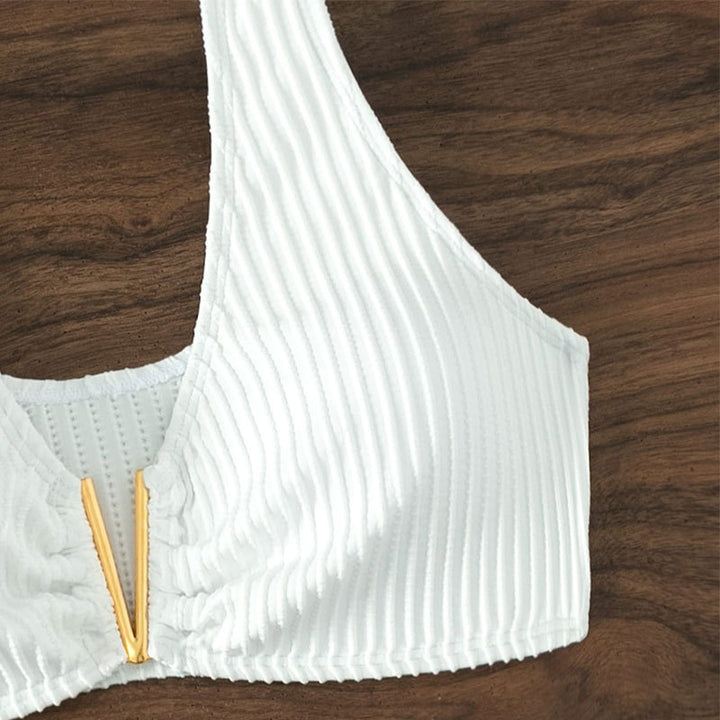 Damer høj talje bikini sæt med elegant stribemønster Skovae