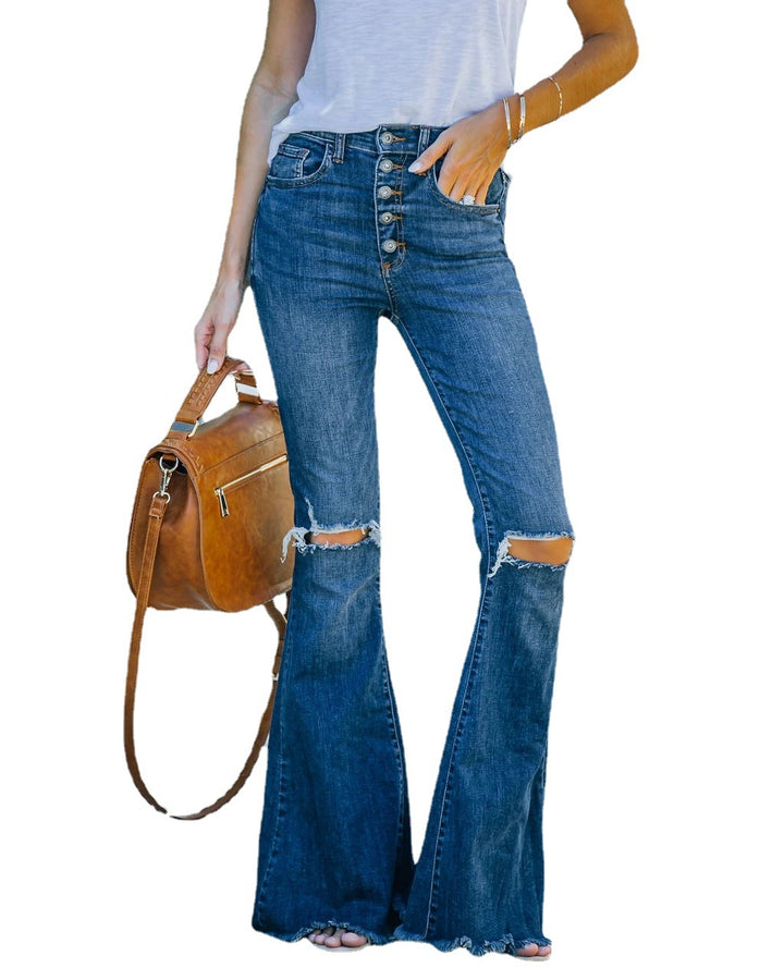 Dame Flared Jeans med dekorative Rips-detaljer og knaplukning Stilla