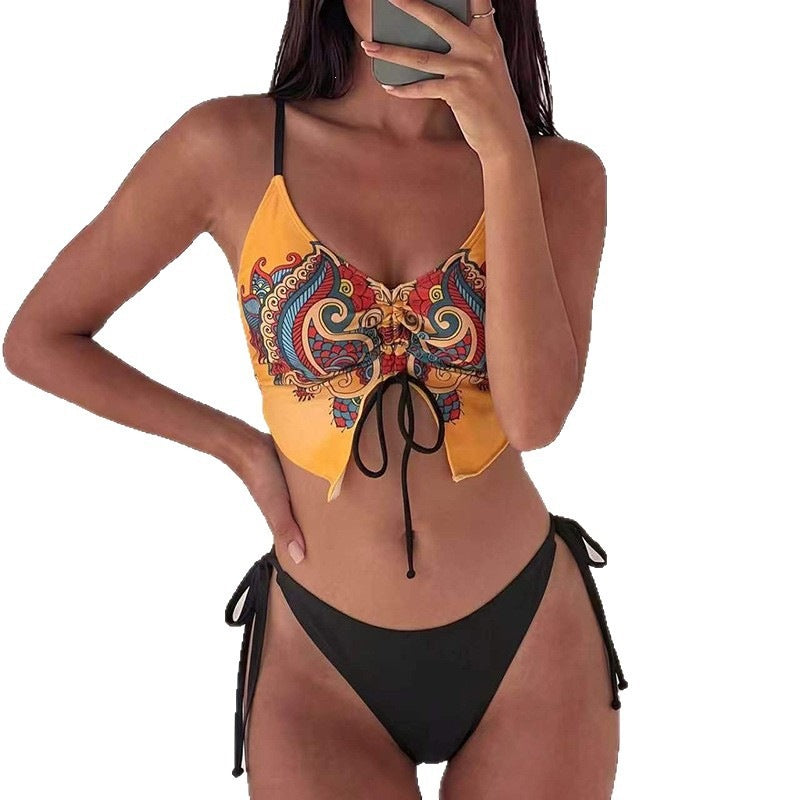 Dame bikini-overdel med kunstnerisk mønstertryk og justerbare stropper Skovae