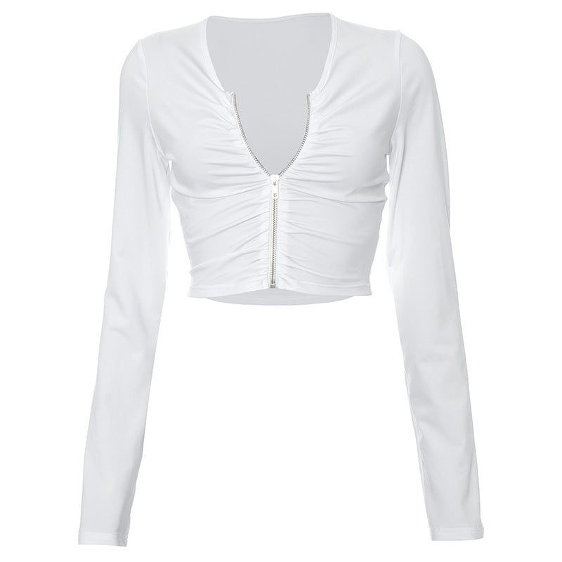 Femme Cropped Zip-Up Langærmet Top med Rynkning Stilla